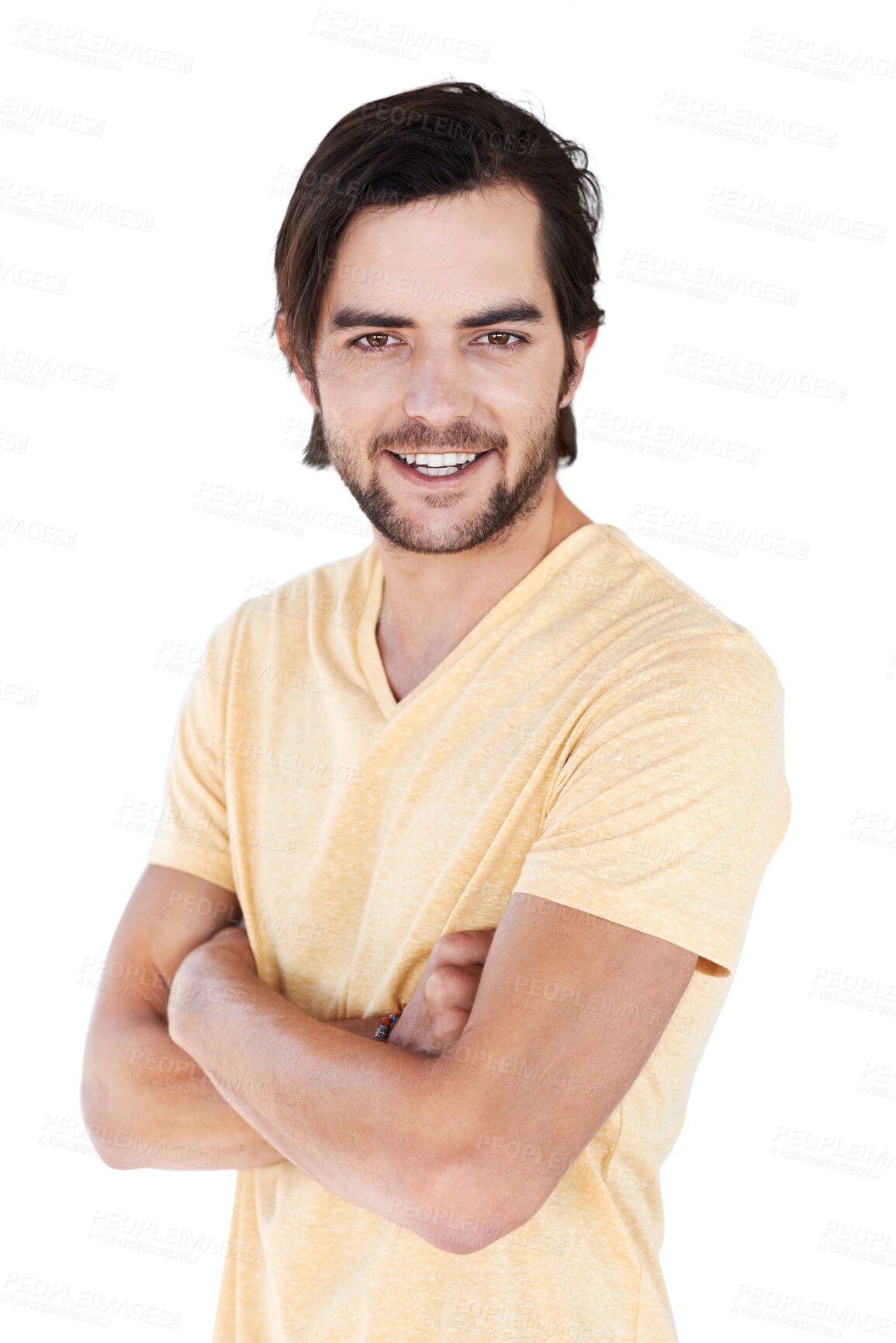 Buy stock photo Fashion, happy and laugh portrait of a man with arms crossed and casual and trendy clothing. Young, smile and male model from France with a modern style isolated on a transparent, png background
