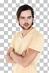 Man, vertical and thinking with casual fashion and arms crossed with isolated on a png background. Studio, person and adult with tshirt and beard feeling calm and relax think and standing with mockup