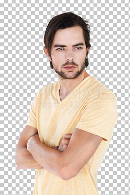 Buy stock photo Thinking, arms crossed and man with casual fashion on isolated, transparent and png background. Contemplating, daydream and proud male model posing cool, edgy and trendy, style and idea