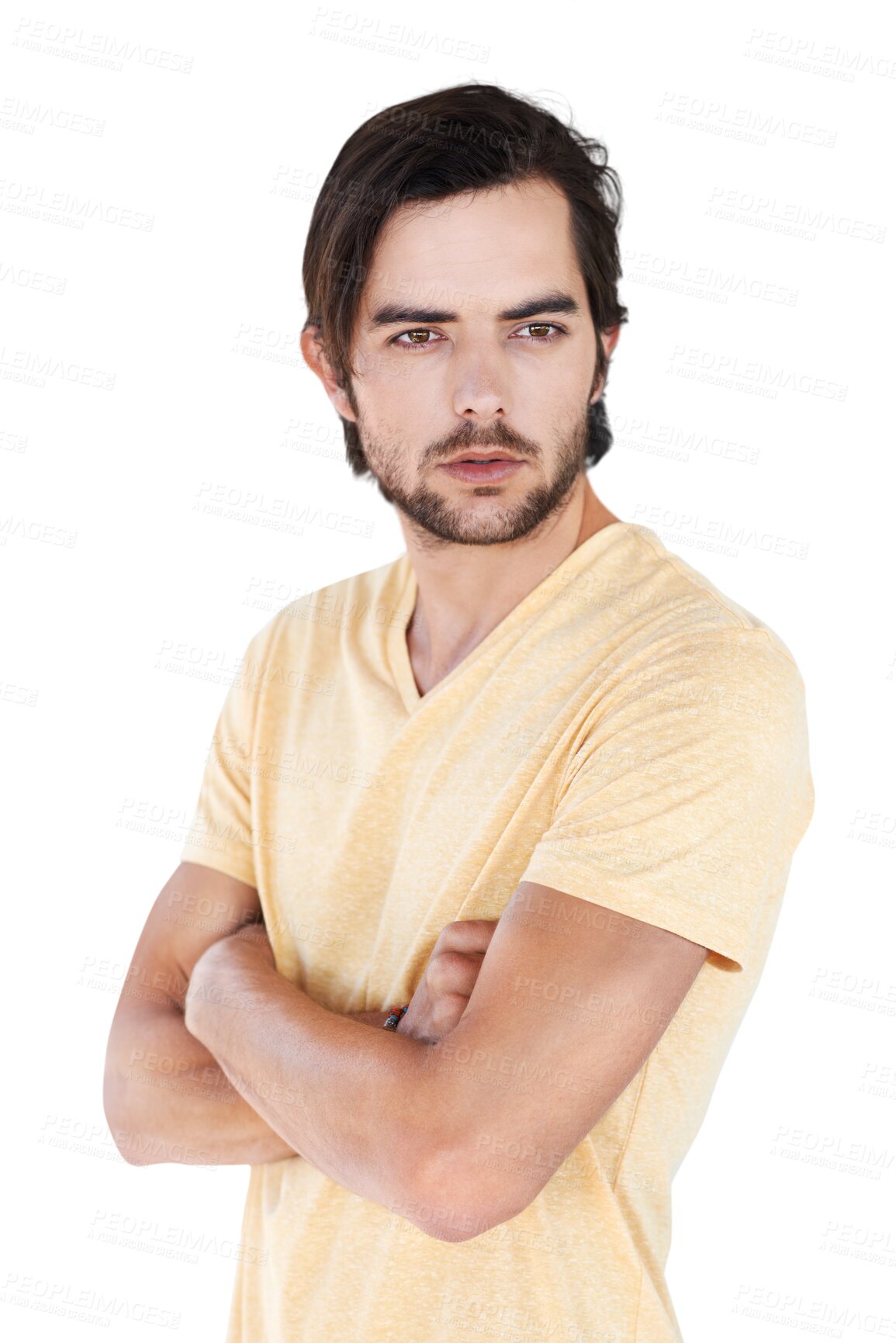 Buy stock photo Thinking, arms crossed and man with casual fashion on isolated, transparent and png background. Contemplating, daydream and proud male model posing cool, edgy and trendy, style and idea