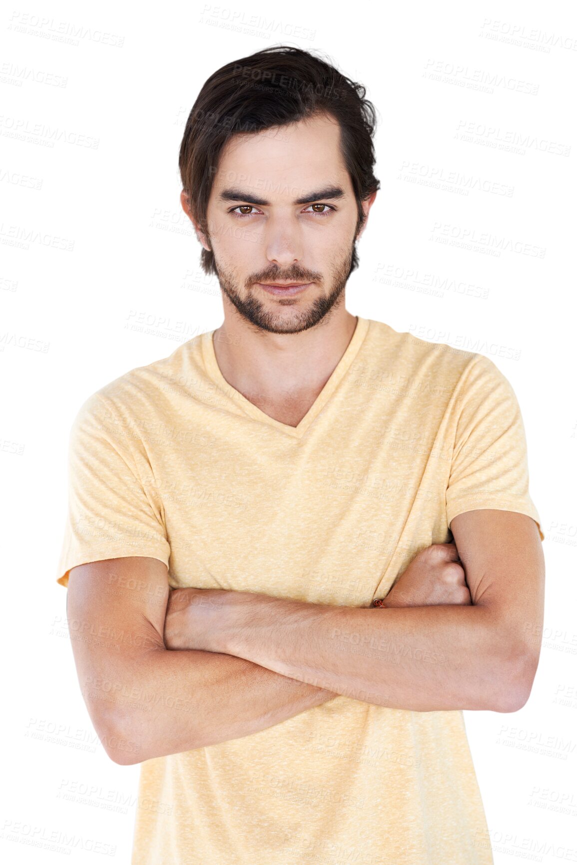 Buy stock photo Arms crossed, portrait and man with casual fashion on isolated, transparent and png background. Face, attitude and proud male model posing cool, edgy and trendy, fashionable and contemporary