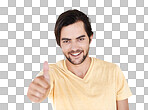 Thumbs up, winner and portrait of man or isolated emoji. Male model, thumb up and support of yes agreement, celebration and hand sign, vote or trust, thank you and success isolated on a png background