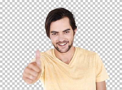 Buy stock photo Thumbs up, portrait and happy man isolated on transparent, png background for thank you, support or like sign. Success, winner or young person with yes, agreement or okay hands or good luck emoji