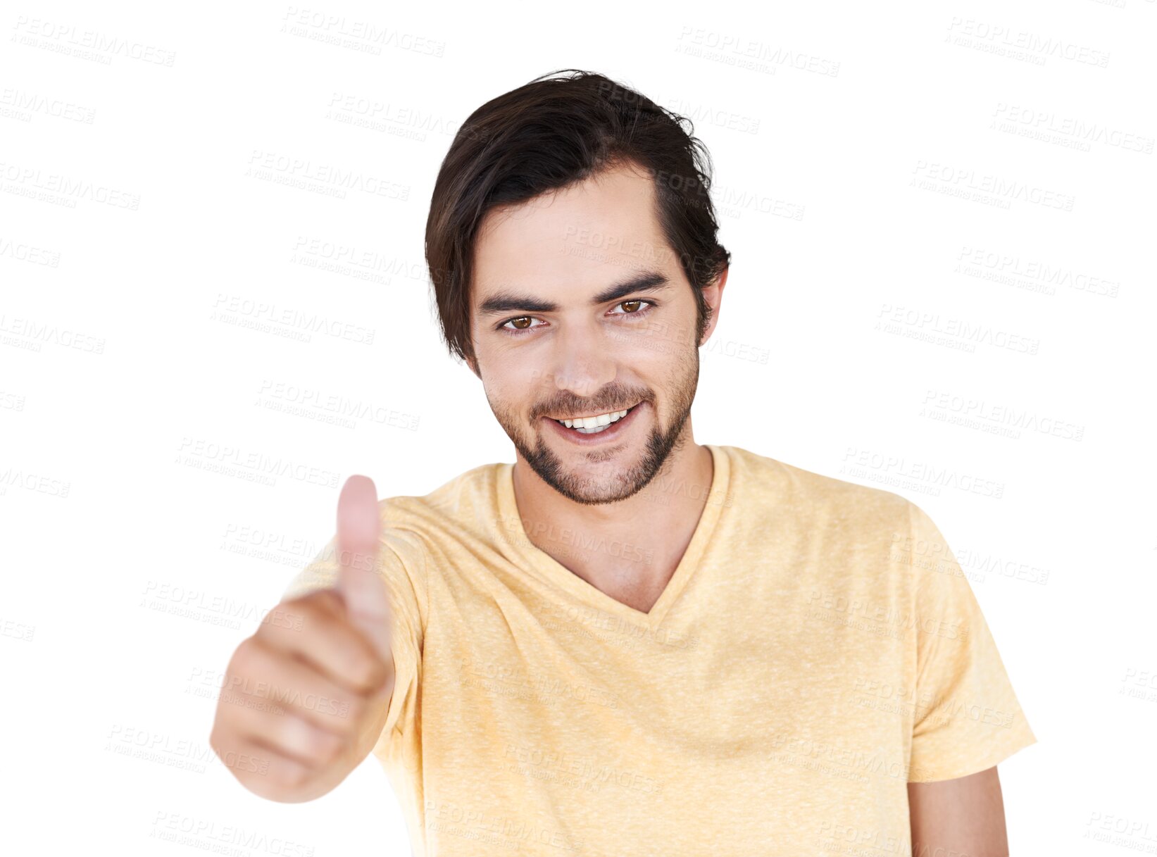 Buy stock photo Thumbs up, portrait and happy man isolated on transparent, png background for thank you, support or like sign. Success, winner or young person with yes, agreement or okay hands or good luck emoji