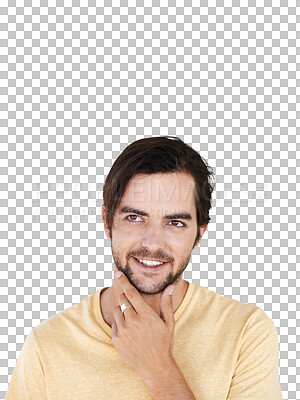 Buy stock photo Thinking, idea and happy face of man on isolated, png and transparent background with vision. Ideas, mindset and male person for wondering, contemplation and question for decision, planning or choice