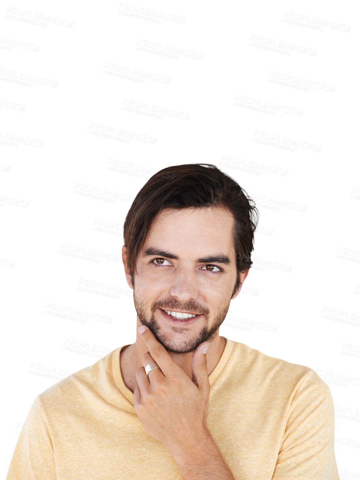 Buy stock photo Thinking, idea and happy face of man on isolated, png and transparent background with vision. Ideas, mindset and male person for wondering, contemplation and question for decision, planning or choice