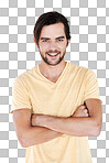 Happy, smile and portrait of a man with casual fashion and tshirt with vertical. Isolated, arms crossed and model smiling and feeling positive with joy alone looking comfortable isolated on a png background