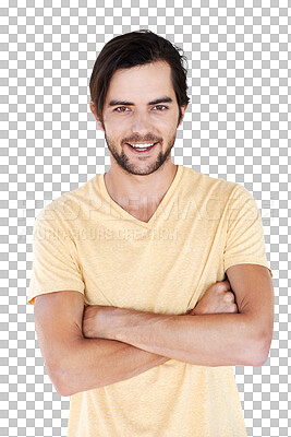 Buy stock photo Fashion, happy and portrait of a man with arms crossed and trendy youth clothing. Young, smile and male model from France with a modern style and confidence isolated on a transparent, png background
