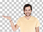 Mockup gesture, studio portrait and happy man with sales promo, luxury present gift or discount deal mock up. Marketing space, product placement or advertising model isolated on a png background