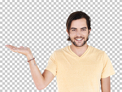 Buy stock photo Presentation portrait, happy man and palm gesture for retail news, discount opportunity or product sales launch. Brand commercial, promotion choice and person isolated on transparent, png background