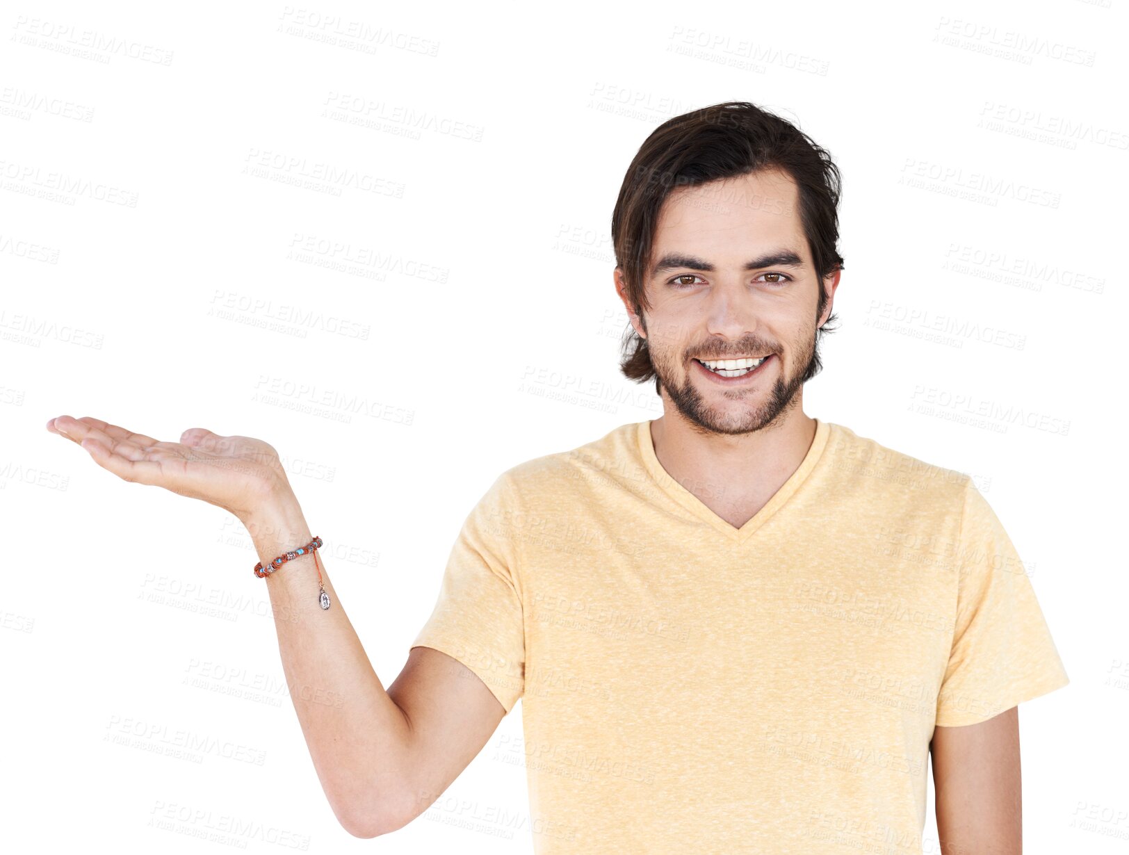 Buy stock photo Presentation portrait, happy man and palm gesture for retail news, discount opportunity or product sales launch. Brand commercial, promotion choice and person isolated on transparent, png background