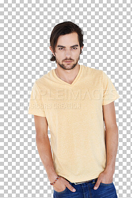 Buy stock photo Portrait, serious and man with casual fashion on isolated, transparent and png background. Face, attitude and focus by confident male model posing cool, edgy and trendy, fashionable and contemporary