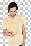 Phone, communication and man on technology typing a cellphone text with isolated on a png background. Mobile conversation, model and smile of a person with a mobile phone texting with technology