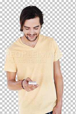 Buy stock photo Phone, texting and happy man isolated on transparent, png background for social media, networking or internet post. Young person with smartphone for online chat, streaming on mobile app or Web 3.0