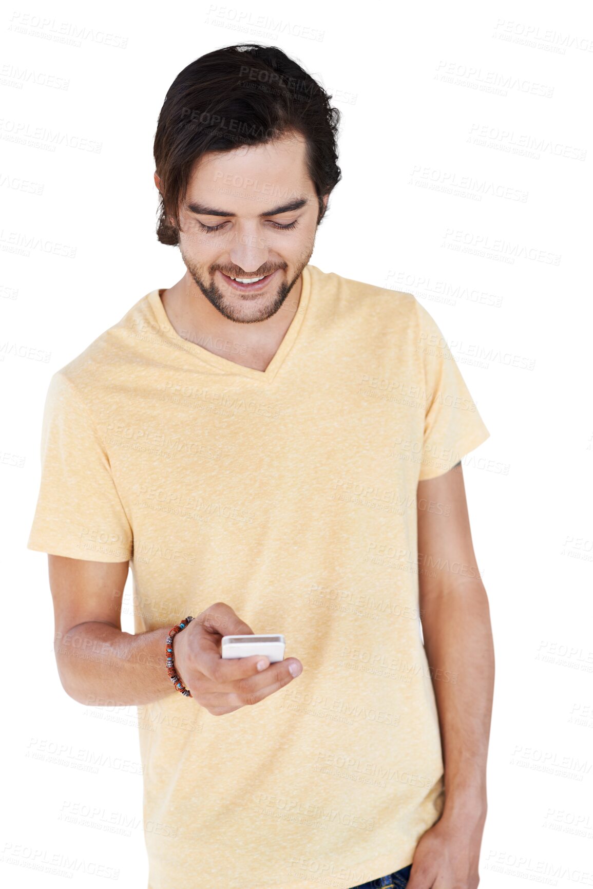 Buy stock photo Phone, texting and happy man isolated on transparent, png background for social media, networking or internet post. Young person with smartphone for online chat, streaming on mobile app or Web 3.0