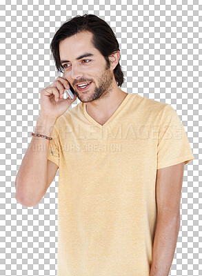 Buy stock photo Phone call, talking and young man isolated on transparent, png background for real discussion or university news. Natural student, person or model in communication, college chat or speaking on mobile