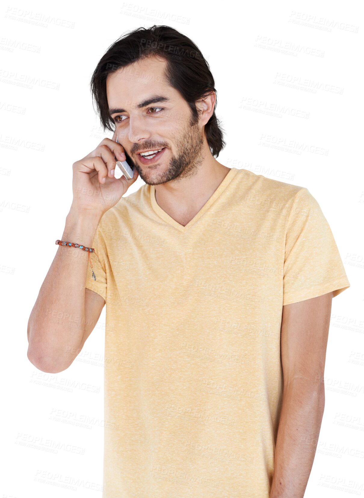 Buy stock photo Phone call, talking and young man isolated on transparent, png background for real discussion or university news. Natural student, person or model in communication, college chat or speaking on mobile