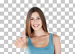 Thumbs up, happy portrait and woman or isolated review. Female model, thumb up and support of yes agreement, celebration and like emoji for vote, trust and success sign isolated on a png background