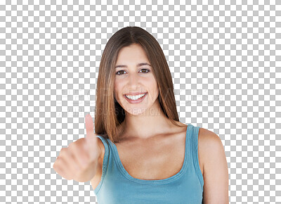 Buy stock photo Thumbs up portrait, happy and woman with satisfaction gesture for success, agreement or job well done. Congratulations feedback, emoji icon and female person  isolated on transparent, png background