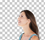 A Woman, relax and happy mindset  for zen, peace and mindfulness. Positive, girl and smile, thinking and peaceful attitude, space and thought while standing isolated on a png background