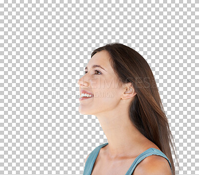 Buy stock photo Thinking, idea and face of woman looking up on isolated, png and transparent background. Vision, thoughtful and profile of female person with smile for wonder, contemplation and question for decision