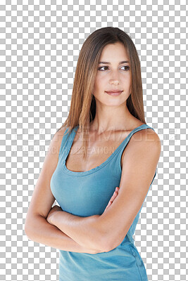 Buy stock photo Fashion, beauty and youth of woman focused while isolated on a transparent, png background. Confident, modern casual style and young female model alone and proud with pride and confidence