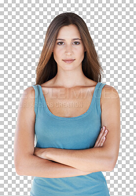 Buy stock photo Casual fashion, arms crossed and portrait of woman with pride isolated on transparent, png background. Confident, modern casual style and young female model and proud with empowerment and confidence