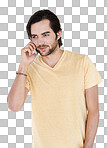 Man, phone and phone call in studio, happy and relax while standing against isolated on a png background space. Young, handsome and casual guy enjoying call, conversation and speaking while chilling and isolated