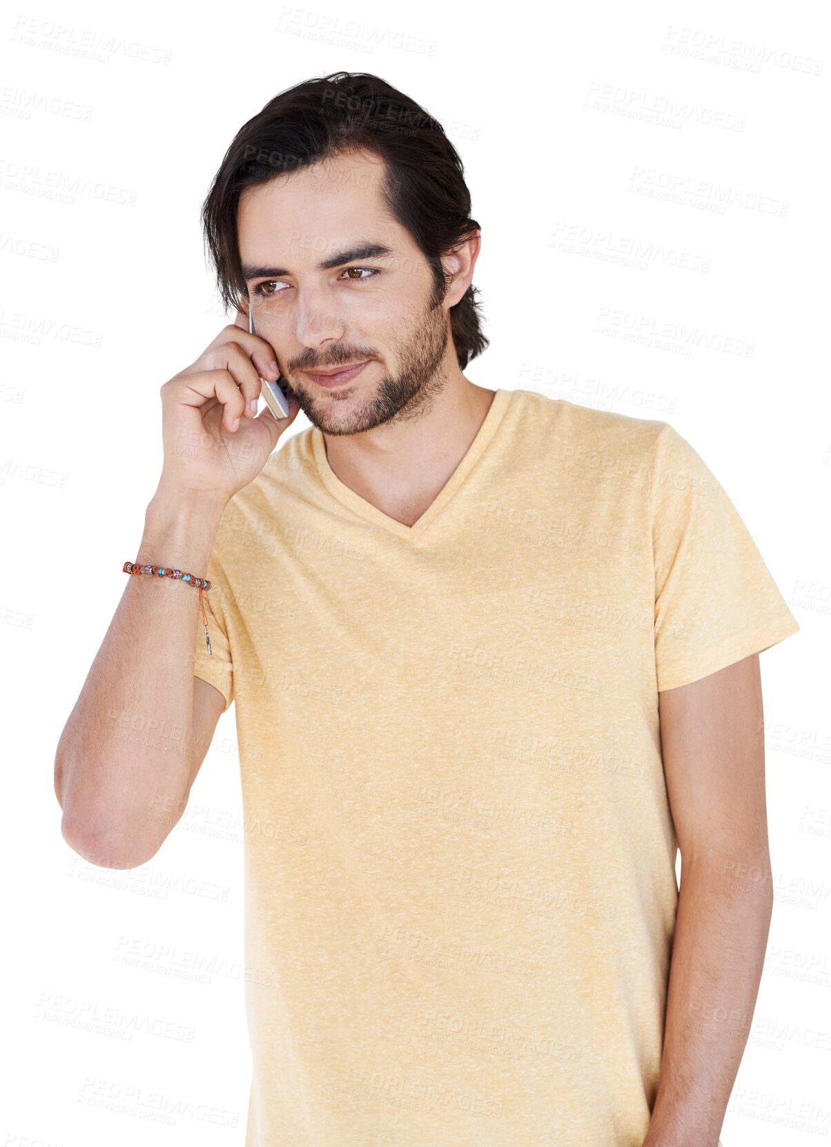 Buy stock photo Phone call, listening and young man isolated on transparent, png background for online feedback or university news. Student, male person or model thinking for college information on mobile app