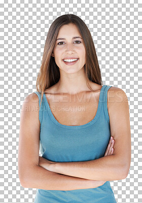 Buy stock photo Fashion, confidence and portrait of woman with a smile isolated on a transparent, png background. Happiness, modern style and young female face of model alone and proud with empowerment and beauty