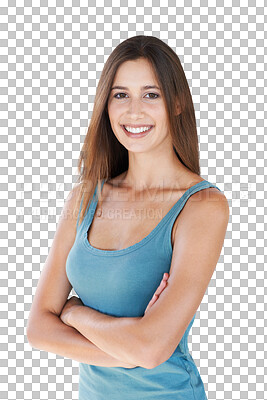 Buy stock photo Fashion, happy and portrait of woman with arms crossed isolated on a transparent, png background. Happiness, modern style and young female model alone and proud with empowerment and confidence