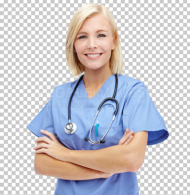 Young Female Nurse With Folded Arms Standing In Hospital Stock