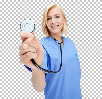 Buy stock photo Portrait, doctor smile and woman stethoscope for wellness, healthcare or checkup. Happy nurse, medic equipment or hospital tools for cardiology or heartbeat isolated on a transparent png background