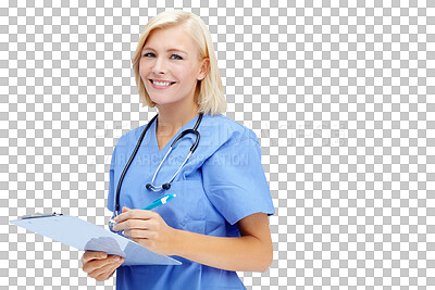 Buy stock photo Portrait, clipboard and happy nurse or woman isolated on transparent, png background in healthcare service. Professional, medical person or young doctor with hospital checklist, writing or management