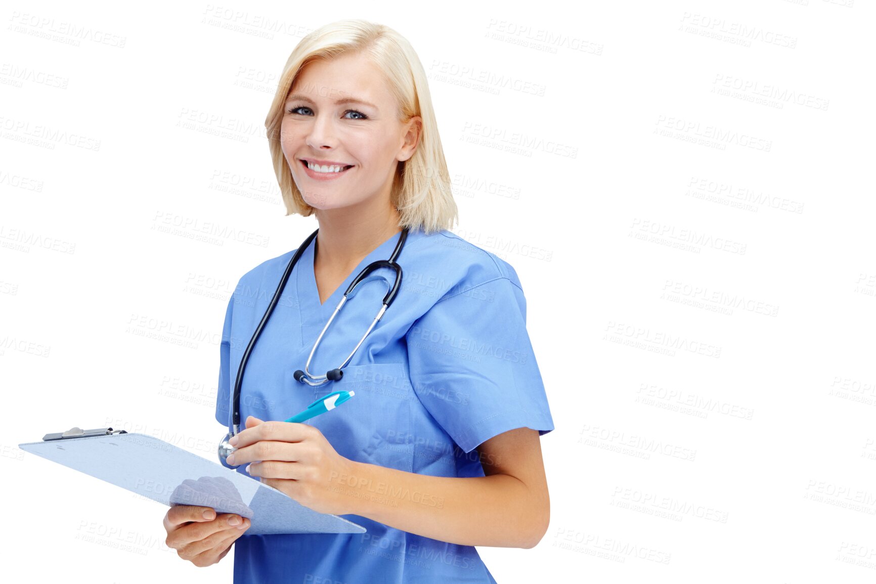 Buy stock photo Portrait, clipboard and happy nurse or woman isolated on transparent, png background in healthcare service. Professional, medical person or young doctor with hospital checklist, writing or management