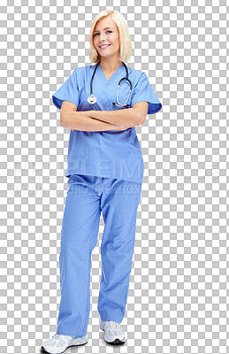 Buy stock photo Woman nurse, arms crossed and portrait isolated on transparent, png background for healthcare service. Face of a proud professional, medical person or happy, young doctor for clinic internship or job