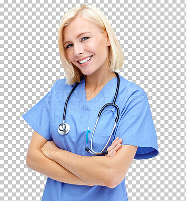 Buy stock photo Woman doctor, portrait and arms crossed isolated on transparent, png background for healthcare service and happy internship. Face of professional, medical person or young nurse, proud and clinic job