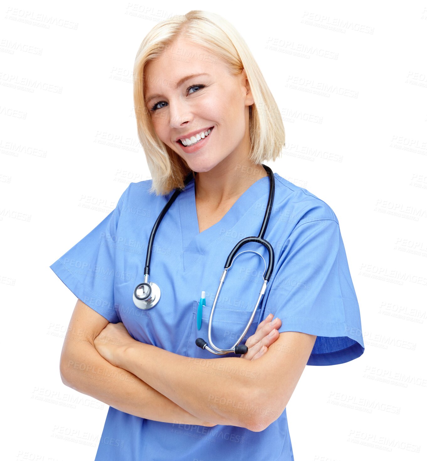 Buy stock photo Woman doctor, portrait and arms crossed isolated on transparent, png background for healthcare service and happy internship. Face of professional, medical person or young nurse, proud and clinic job