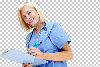 Buy stock photo Woman portrait, clipboard and doctor writing isolated on transparent, png background for healthcare management. Happy person, medical worker or young nurse consulting with notes or clinic checklist