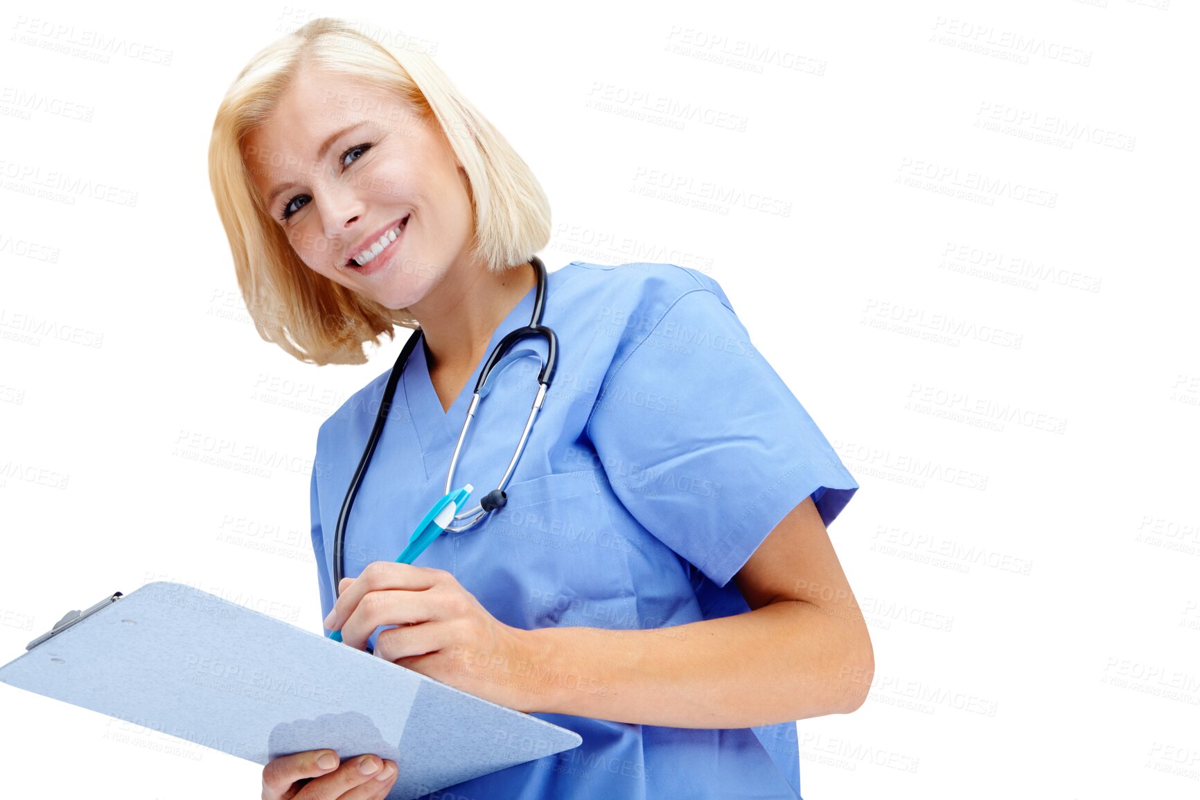 Buy stock photo Woman portrait, clipboard and doctor writing isolated on transparent, png background for healthcare management. Happy person, medical worker or young nurse consulting with notes or clinic checklist