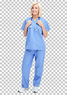 Buy stock photo Healthcare, portrait and woman nurse with stethoscope on isolated, transparent and png background. Medical, intern and face of lady cardiovascular expert happy, smile or excited for respiratory check