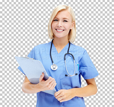 Buy stock photo Portrait, medical and documents with a nurse woman isolated on a transparent background. Hospital, insurance and healthcare with a happy female medicine professional holding a clipboard on png