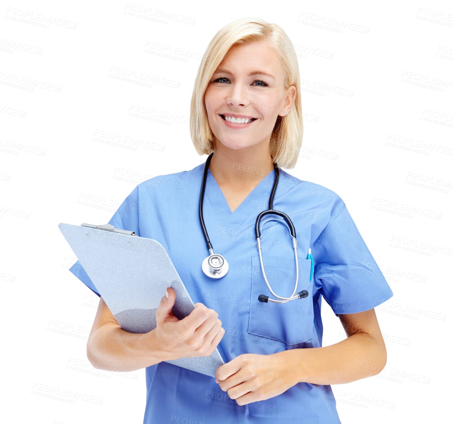 Buy stock photo Portrait, medical and documents with a nurse woman isolated on a transparent background. Hospital, insurance and healthcare with a happy female medicine professional holding a clipboard on png