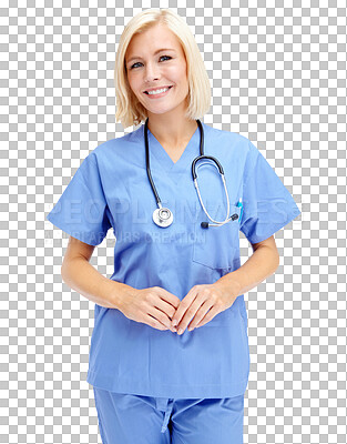 Buy stock photo Woman in healthcare, nurse with smile in portrait, medical physician isolated on transparent, png background. Female person in medicine, scrubs with stethoscope, nursing professional and health 