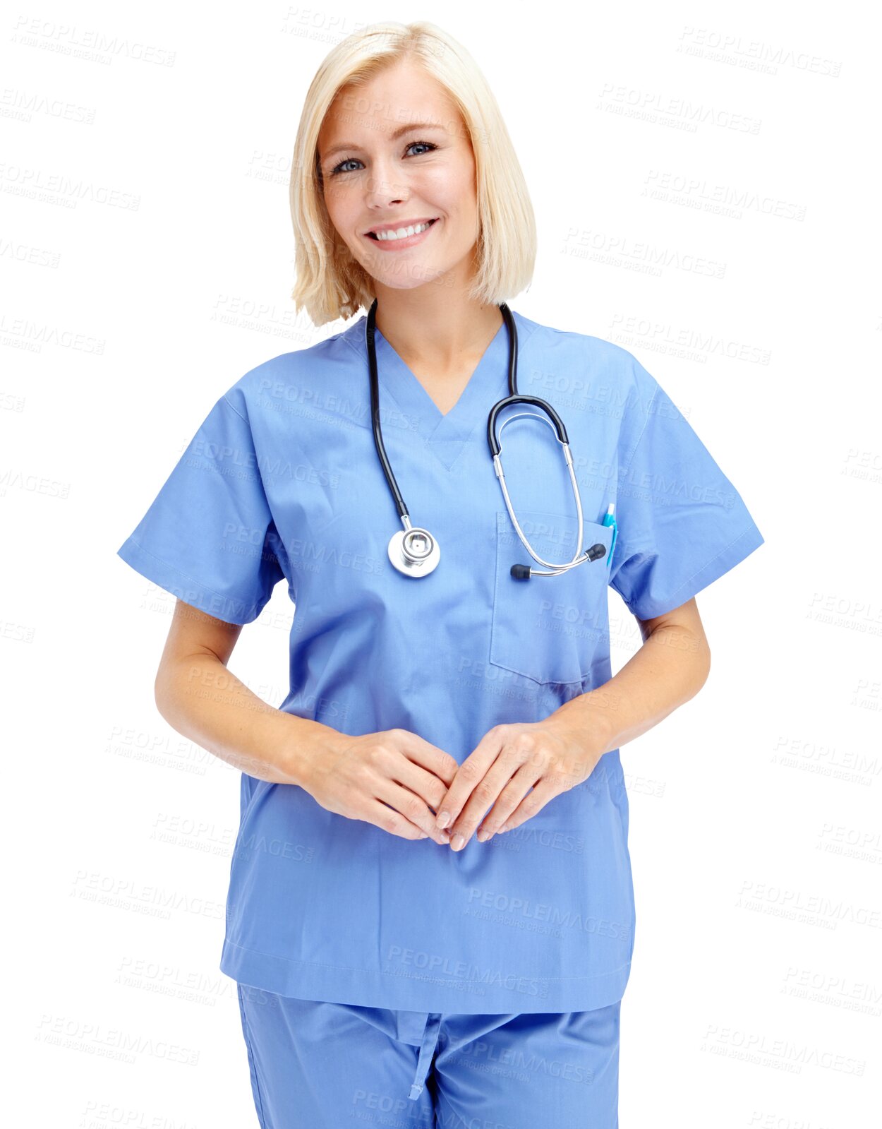 Buy stock photo Woman in healthcare, nurse with smile in portrait, medical physician isolated on transparent, png background. Female person in medicine, scrubs with stethoscope, nursing professional and health 