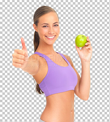 Buy stock photo Portrait, thumbs up and apple with a sporty woman isolated on a transparent background for health or nutrition. Smile, diet or hand gesture with a happy female athlete saying yes to motivation on PNG