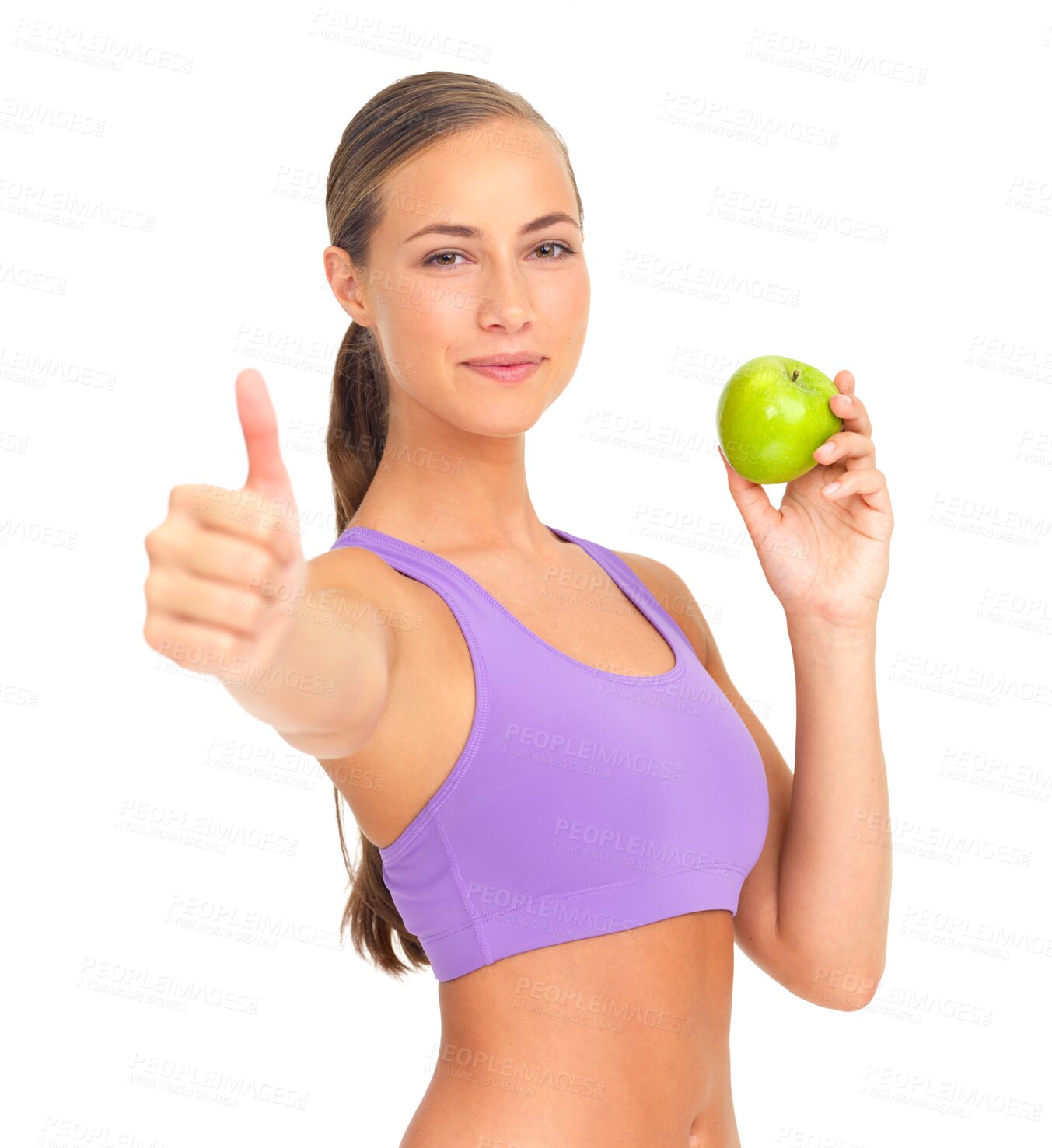 Buy stock photo Portrait, thumbs up and green apple with a woman isolated on a transparent background for health or diet. Smile, nutrition or hand gesture with a happy female athlete saying yes to motivation on PNG