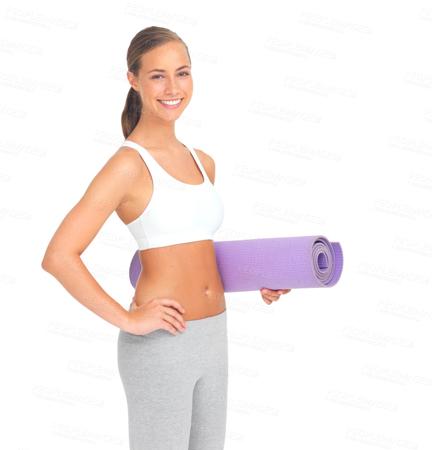 Buy stock photo Portrait, yoga and woman with a mat for training isolated on transparent png background. Pilates, smile and wellness with a female athlete or yogi carrying equipment for balance exercise and workout