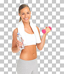 portrait, woman and water with dumbbell, smile and happy for workout, health. Isolated model, water bottle and weightlifting for healthy training, wellness and strong body isolated on a png background