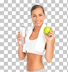 Studio portrait, woman and water with apple, smile and nutrition for workout goal, health and isolated on a png background. Isolated model, bottle and fruit diet for healthy training, wellness and strong body